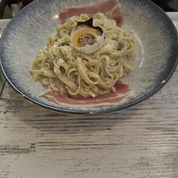 Clandestino wine bar - Carbonara with egg yolk in a blistered half shell. Divine. - Pizza Near Me - Toronto, Ontario