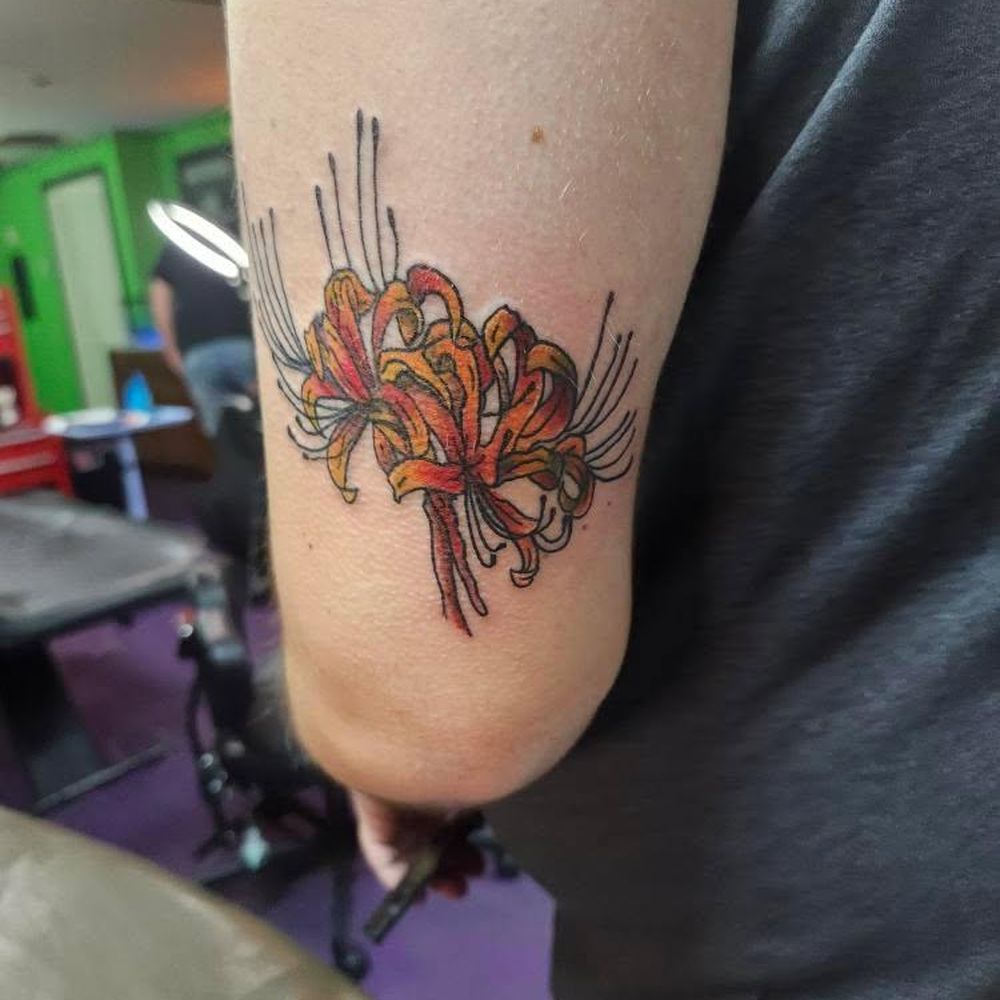 Primordial Ink Tattoo - This one is my husband red spider lilly - Tattoo Near Me - Branford, Connecticut