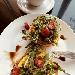 Dancin’ Beans Cafe - Avocado/Arugula/Egg on Ciabatta Bread and Cardamom Latte.
