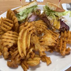 For the Love of Brunch - Club sandwich, no tomato. Waffle fries