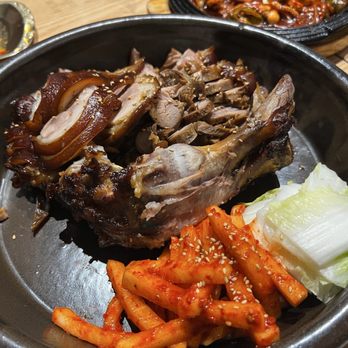 Jinsang Gukbap - 냉채 족발 Chilled Pork Trotters with Mustard Sauce - yummy / muster sauce was something new for this Korean (similar to jelly fish salad sauce) - Korean Near Me - Queens, New York