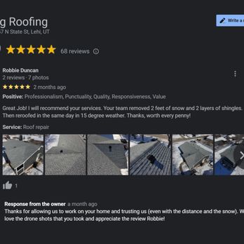 King Roofing - https://www.google.com/search?q=king+roofing+utah&sxsrf=APwXEdfMbZFz13ZvrttFwPQE54uUHBE12g%3A1683069081766&source=hp&ei=mZhRZKW2LIXAkPIPqeer - Roofing Near Me - Orem, Utah