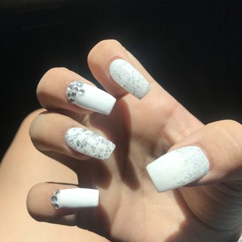 Posh Nails & Spa - White gel acrylic nails with glitter and rhinestones. - Waxing Near Me - Riverside, California