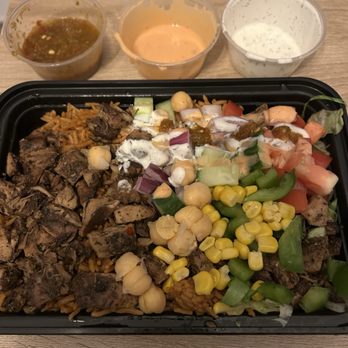 Busn’ Halal - Jerk chicken platter with sauces on the side. - Halal Near Me - Annandale, Virginia