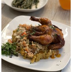 Heaven Sent Chef Asia - Fried Cornish Hen with Seafood Dressing and Peach Brandy drizzle. Perfect meal for any holiday dinner.