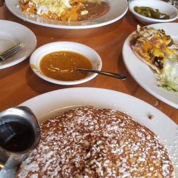 Sabor Cocinabar - Pecan pancake, salsa, chilaquiles rojos y verde with scrambled egg. - Mexican Near Me - San Antonio, Texas Sabor Cocinabar - Pecan pancake, salsa, chilaquiles rojos y verde with scrambled egg. - Mexican Near Me - San Antonio, Texas
