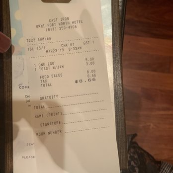 Cast Iron - My receipt - $5 for a single poached egg! - Southern Near Me - Fort Worth, Texas