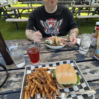 The Sawmill - Dougherty Burger, garlic fries, Wedge Salad with chicken - Burgers Near Me - Boulder Creek, California