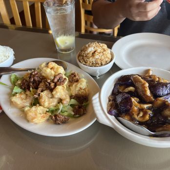 Peony Asian Bistro - honey walnut shrimp and eggplant and chicken with garlic sauce - Chinese Near Me - Jacksonville, Florida