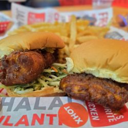 The Red Bird - $12.99 Two sandwiches with fries - Extra Hot is a 1/10 on the spicy scale