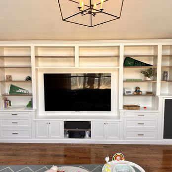 McKay Custom Cabinets - Custom built in entertainment center featuring large self closing drawers and vented luber doors for air travel and heat for electronics. - Cabinetry Near Me - Burlington, New Jersey McKay Custom Cabinets - Custom built in entertainment center featuring large self closing drawers and vented luber doors for air travel and heat for electronics. - Cabinetry Near Me - Burlington, New Jersey
