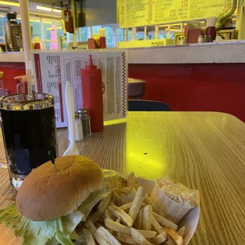 Mac's Drive-In - Burger basket with fries and cabbage salad along with a frosted root beer mug inside the diner. - American Near Me - Waterloo, New York Mac's Drive-In - Burger basket with fries and cabbage salad along with a frosted root beer mug inside the diner. - American Near Me - Waterloo, New York