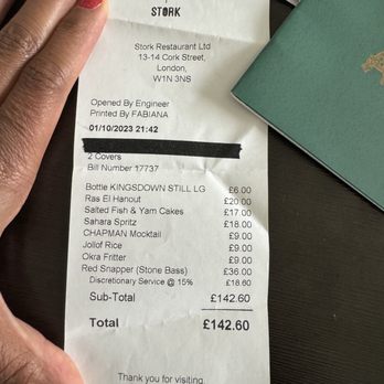 Stork Restaurant - Receipt from our terrible dining experience - Modern European Near Me - London, XGL Stork Restaurant - Receipt from our terrible dining experience - Modern European Near Me - London, XGL