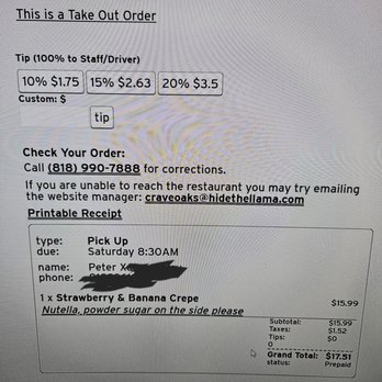 Crave Café - My online order with the note - Creperies Near Me - Sherman Oaks, California Crave Café - My online order with the note - Creperies Near Me - Sherman Oaks, California