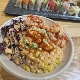 2 protein bowl with Rainbow Roll and American Dream Roll so good and tasty Milk tea with boba not shown cause drank before posting.