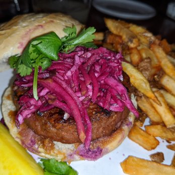 District Kitchen & Bar - Thai Beyond Burger with cabbage, pear slaw, and peanut garlic sauce. - New American Near Me - Pittsfield, Massachusetts
