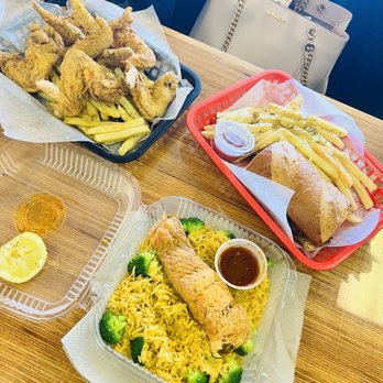 Glens Kitchen - Wing basket, Philly cheesesteak sandwich, fried salmon over rice with broccoli - Soul Food Near Me - Dallas, Texas