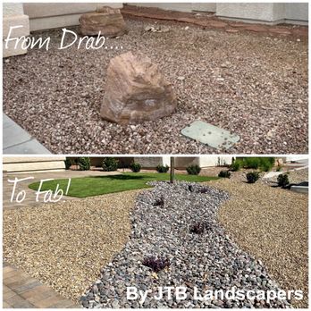 JTB Landscapers - Front yard Before (boulders and old gravel) and After (pavers, river rock stones, updated gravel, turf, tree, & bushes). - Landscape Architects or Designers Near Me - Las Vegas, Nevada