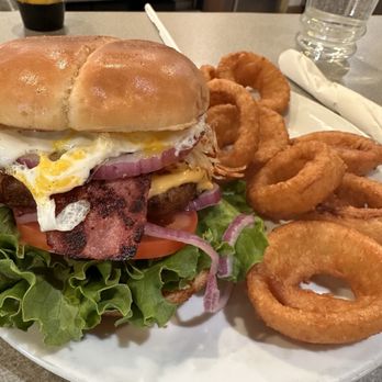 Denny's - Customized Slamburger with onion rings - American Near Me - Barstow, California Denny's - Customized Slamburger with onion rings - American Near Me - Barstow, California