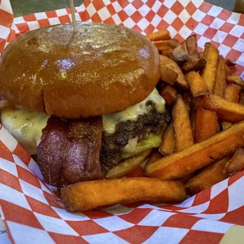 Dubs Sports Lounge - double cheeseburger with bacon, chipotle cheese, avocado and sweet potato fries were delicious - Sports Bars Near Me - Reno, Nevada Dubs Sports Lounge - double cheeseburger with bacon, chipotle cheese, avocado and sweet potato fries were delicious - Sports Bars Near Me - Reno, Nevada