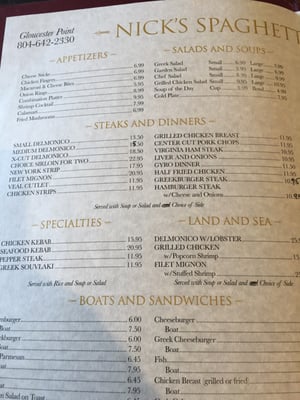 Menu photo 2 Nick's Spaghetti & Steak House Shacklefords, VA