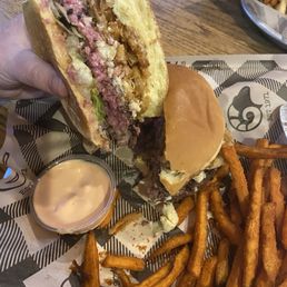 Black & Blue A5 Wagyu Burger with Sweet Potato Fries.