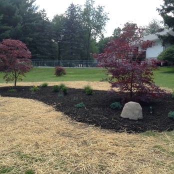 Premier Landscaping - a small garden with a rock in the middle - Landscaping Near Me - Big Flats, New York