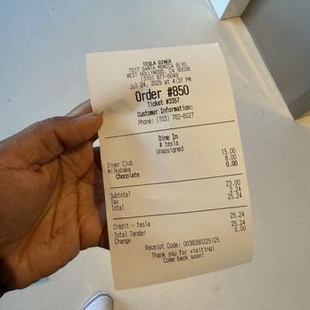Tesla Diner - Receipt - Diners Near Me - West Hollywood, California Tesla Diner - Receipt - Diners Near Me - West Hollywood, California