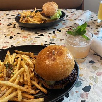 The Salted Pig - pork belly sandwich with dirty fries & an apricot draft beer and the REALLY good burger with dirty fries & a clever girl mixed cocktail - Gastropubs Near Me - Riverside, California