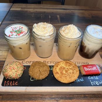 Cornerstone Coffeehouse - Coffee flight!  Snickerdoodle Winter Wonderland Cookie Butter Cold Brew Gingerbread Chai Maddi's Sugar Cookie Latte - Coffee & Tea Near Me - Camp Hill, Pennsylvania