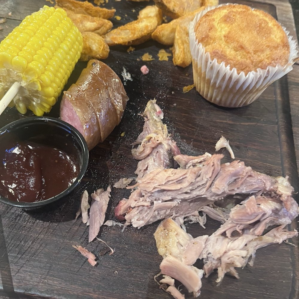 Great American Steakhouse - Pulled pork, sausage, cornbread muffin and corn - Burgers Near Me - El Paso, Texas Great American Steakhouse - Pulled pork, sausage, cornbread muffin and corn - Burgers Near Me - El Paso, Texas