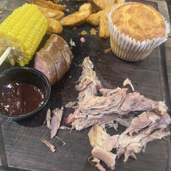 Great American Steakhouse - Pulled pork, sausage, cornbread muffin and corn - Burgers Near Me - El Paso, Texas Great American Steakhouse - Pulled pork, sausage, cornbread muffin and corn - Burgers Near Me - El Paso, Texas