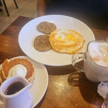Original Pancake House - Chicken sausage, fried egg, silver dollar pancakes and Chai tea - Pancakes Near Me - Metuchen, New Jersey Original Pancake House - Chicken sausage, fried egg, silver dollar pancakes and Chai tea - Pancakes Near Me - Metuchen, New Jersey