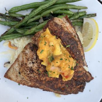Chuck's Fish - Red Fish on risotto with mango sauce and green beans. - Seafood Near Me - Birmingham, Alabama Chuck's Fish - Red Fish on risotto with mango sauce and green beans. - Seafood Near Me - Birmingham, Alabama
