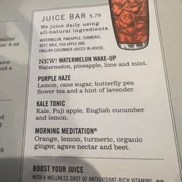 Juice Bar Menu--my favorite is the Morning Meditation (with extra ginger)