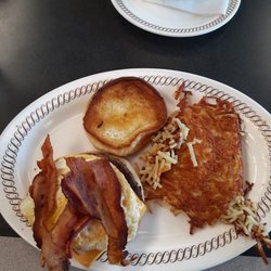 Waffle House - Chester - Cheeseburger with grilled onions, bacon & fried eggs. Hashbrowns on the side.