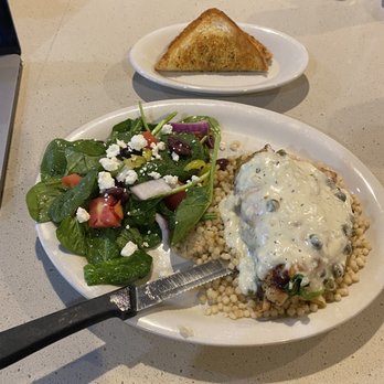 Cafe Java - Austin - Greek Chicken with Greek salad and garlic toast on the side. - Coffee & Tea Near Me - Austin, Texas