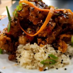 The Soul Food Lounge - Sweet Sriracha Southern Fried Steak: Asian assorted vegetables, basil rice