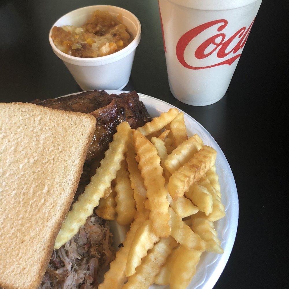 Pig Out BBQ - Ribs and BBQ Plate with fries, peach cobbler and drink - American Near Me - Drayton, South Carolina Pig Out BBQ - Ribs and BBQ Plate with fries, peach cobbler and drink - American Near Me - Drayton, South Carolina