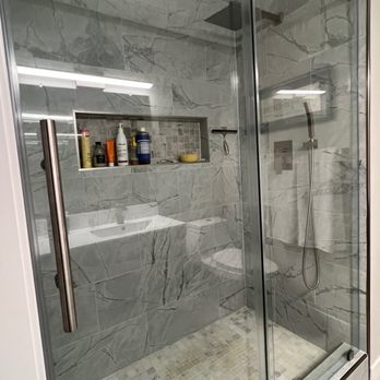 Primespec Construction - Bathroom #2 - view of the new shower - doors, fixtures, tiles.  Beautiful! - General Contractors Near Me