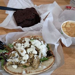 Delicious Mediterranean chicken pita/gyro, Mexican street corn chowder, massive gigantic brownie. Delicious Mediterranean chicken pita/gyro, Mexican street corn chowder, massive gigantic brownie.