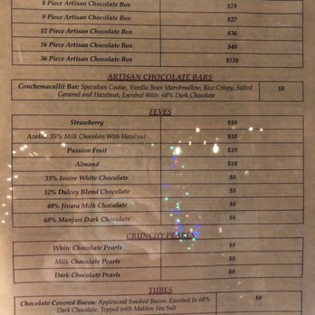 The Conche - The menu for the chocolate bistro in the front of the restaurant. - Cocktail Bars Near Me - Leesburg, Virginia