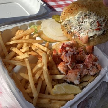 The Lobster Trap - Lobster roll (cold) with fries - Seafood Near Me - Avalon, California The Lobster Trap - Lobster roll (cold) with fries - Seafood Near Me - Avalon, California