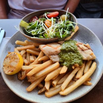 Pacific Catch - Sea bass in Asian Herb Chimichurri style with regular fries and house salad - Seafood Near Me - Tustin, California Pacific Catch - Sea bass in Asian Herb Chimichurri style with regular fries and house salad - Seafood Near Me - Tustin, California