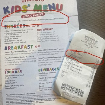 Shoney's - SCAM...bought my 4 year old a meal because based on the "kids menu" it says it would be free if an adult meal was purchased. - Breakfast & Brunch Near Me - Branson, Missouri