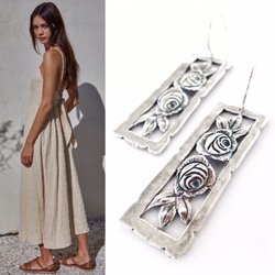 Maya - Cotton/linen summer dress by By Together. Silver Rose earrings hand crafted by Tara Gasparian.