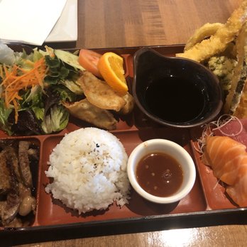 Fire Fish Sushi and More - Lunch Bento Box - Beef teriyaki with mixed tempura, miso soup (not pictured), salad, rice, and sashimi. - Sushi Bars Near Me - Temecula, California Fire Fish Sushi and More - Lunch Bento Box - Beef teriyaki with mixed tempura, miso soup (not pictured), salad, rice, and sashimi. - Sushi Bars Near Me - Temecula, California