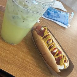 Agua de pepino with chia seeds. A hotdog. A boli de chicle.