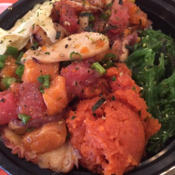 All About Poke - Ahi, salmon, octopus, and spicy tuna on top of rice with seaweed, diced onions and jalapeño, masago, and some ginger - Seafood Near Me - Studio City, California