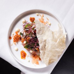 Prime Bistro Wine Bar - Tuna Poke with Yuzu Aioli, Citrus Drops, Wakame, and a Puffed Rice Cracker
